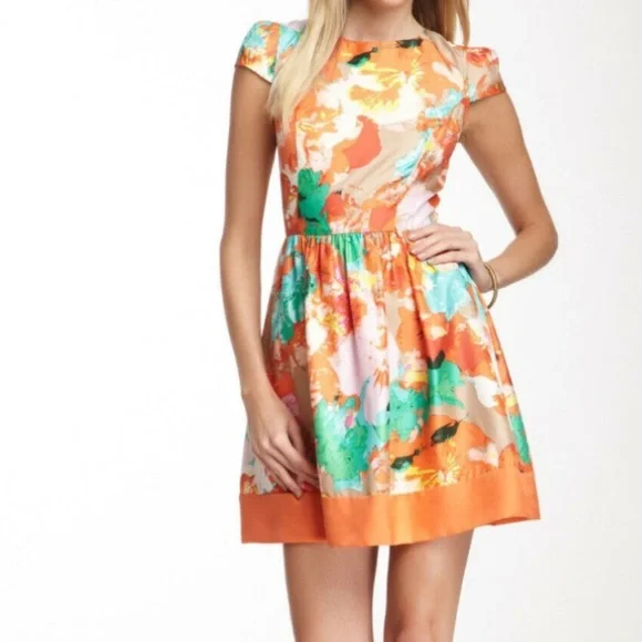 ali ro silk dress Ali Ro Floral CapSleeve BackCutout Silk Coral Orange Cocktail Party Dress  sz 6